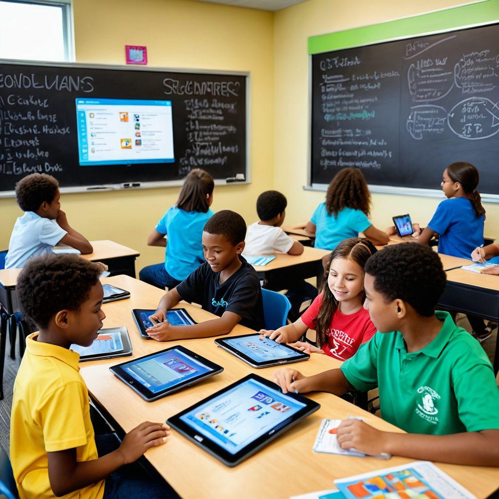 A vibrant classroom scene showcasing diverse students engaging with personalized digital learning tools. Include interactive tablets, colorful educational apps displayed, and a dynamic teacher facilitating individualized attention. The background features a mix of traditional and modern educational elements, symbolizing the transformation of learning. Bright colors and a sense of collaboration in the atmosphere. super-realistic. vibrant colors.